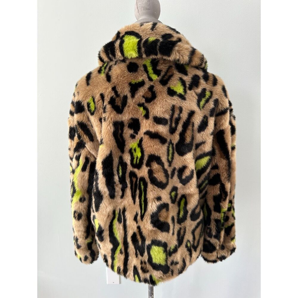 Topshop Animal Print Leopard Neon Green Faux Fur Coat Brown Jacket US 6 UK 10 - Picture 2 of 7